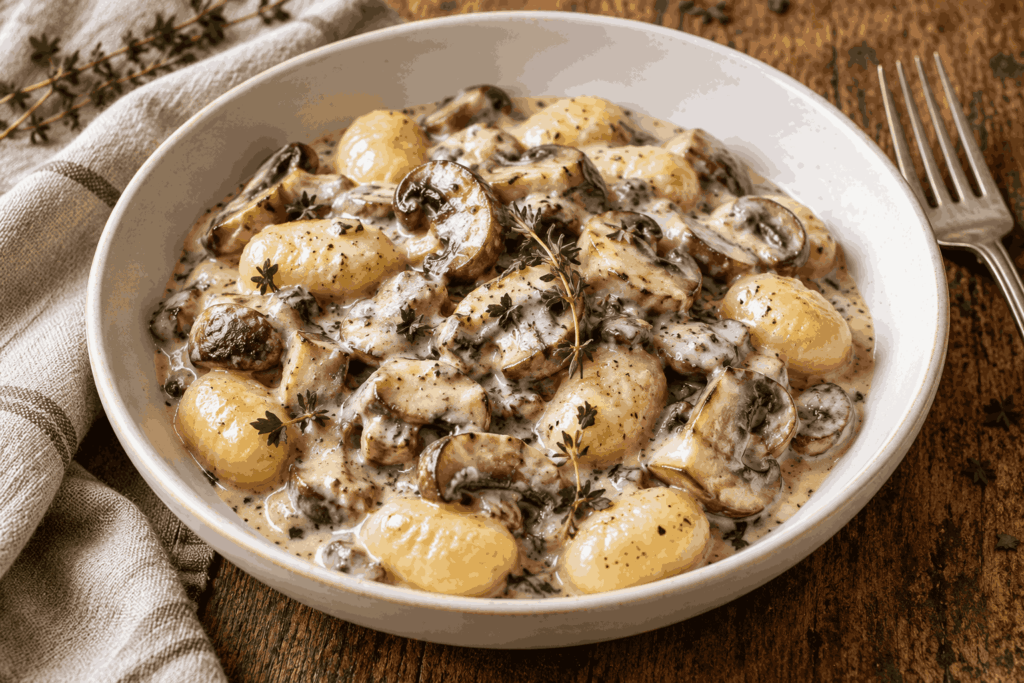 Gnocchi-Pfanne mit Champignons und Frischkäse: in 25 Minuten fertig, nur eine Pfanne