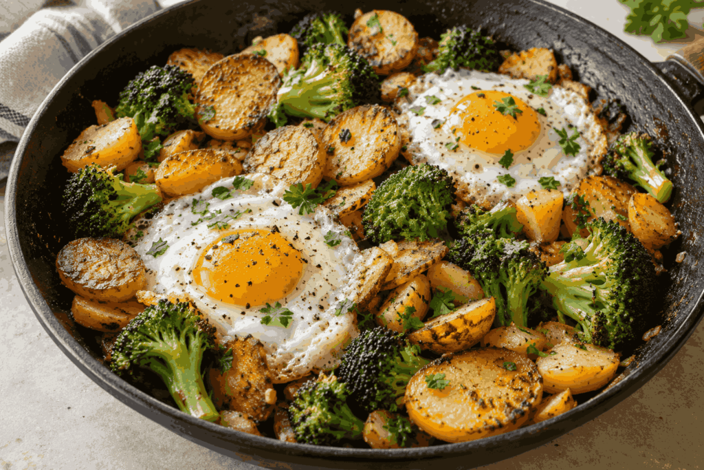 Kartoffel-Brokkoli-Pfanne mit Ei: 25 Minuten, eine Pfanne, rund 45g Protein