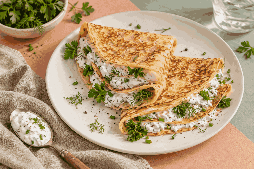 Kräuterpfannkuchen mit Hüttenkäse: 25 Minuten, 1 Pfanne, 30g Eiweiß